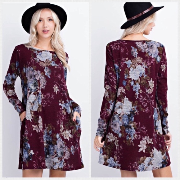 Floral Long-Sleeve Swing Dress - Burgundy - Picture 2 of 5
